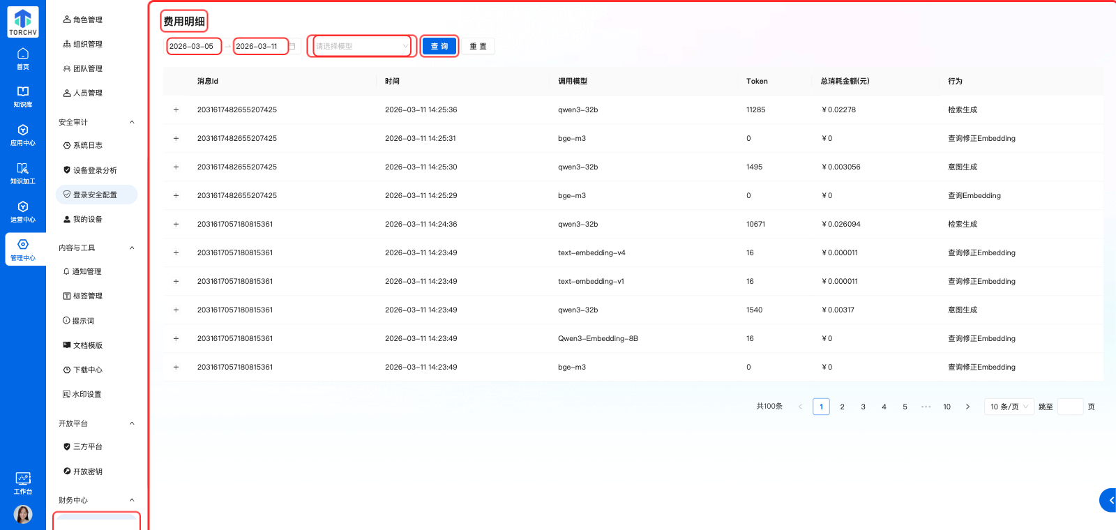 财务中心 费用明细